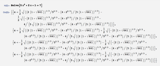 Solving 5 x^4+2 x+1==7