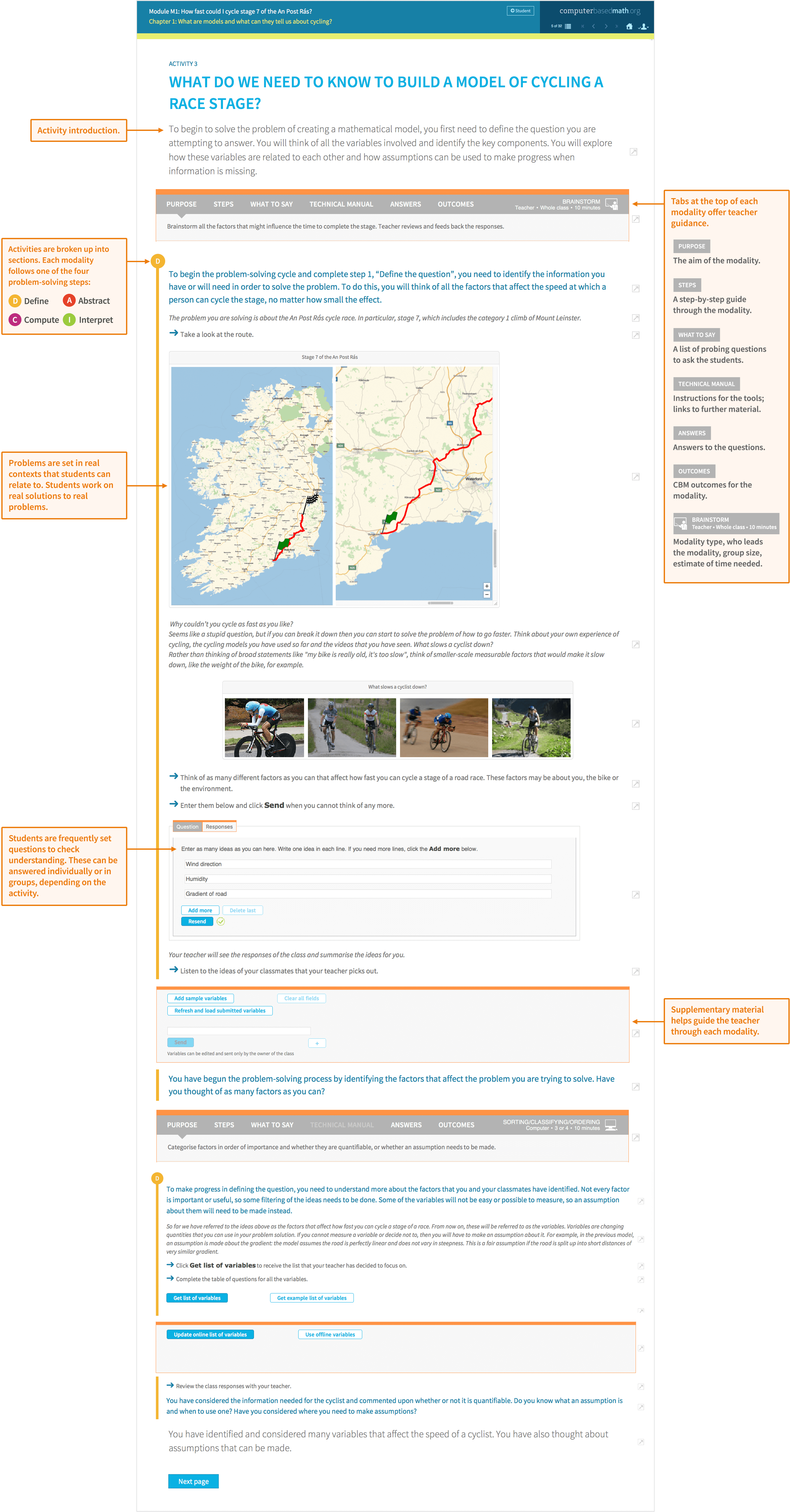 Sample module activity about starting to build a model of a cycling racing stage. Teacher view shows a description of the activity, content to help educators guide students through the activity, questions to confirm student understanding.