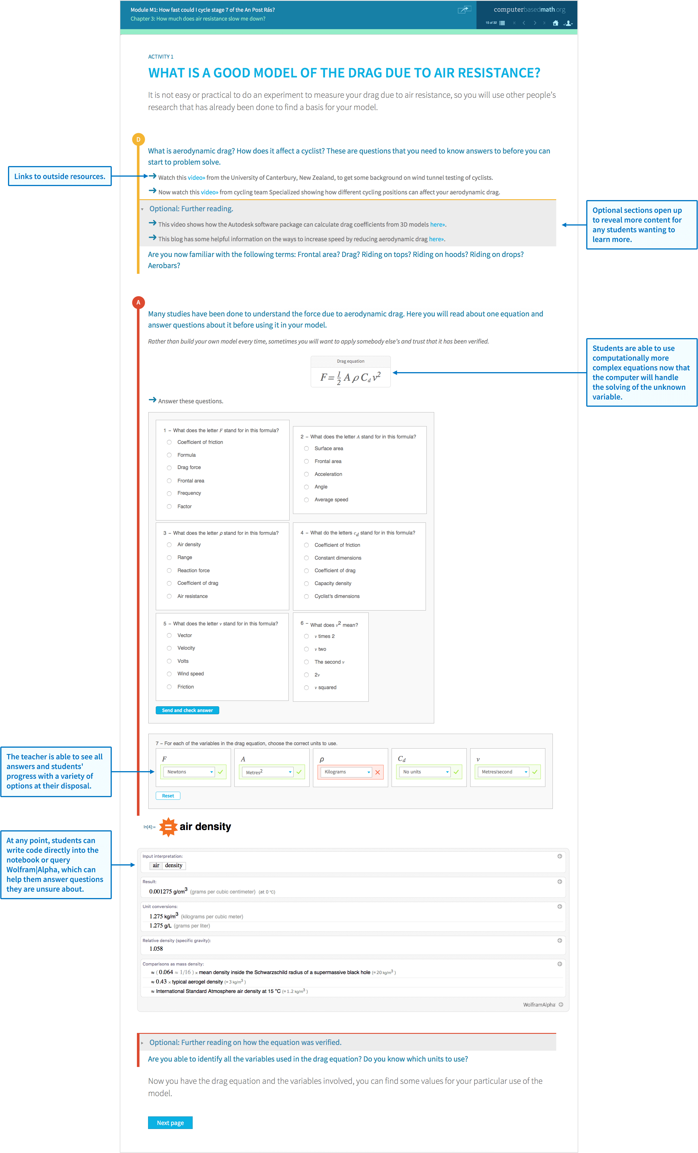 Sample module activity on modelling drag due to air resistance. Student view shows available resources, needed formulas or equations space to write Wolfram Language code or query Wolfram|Alpha.