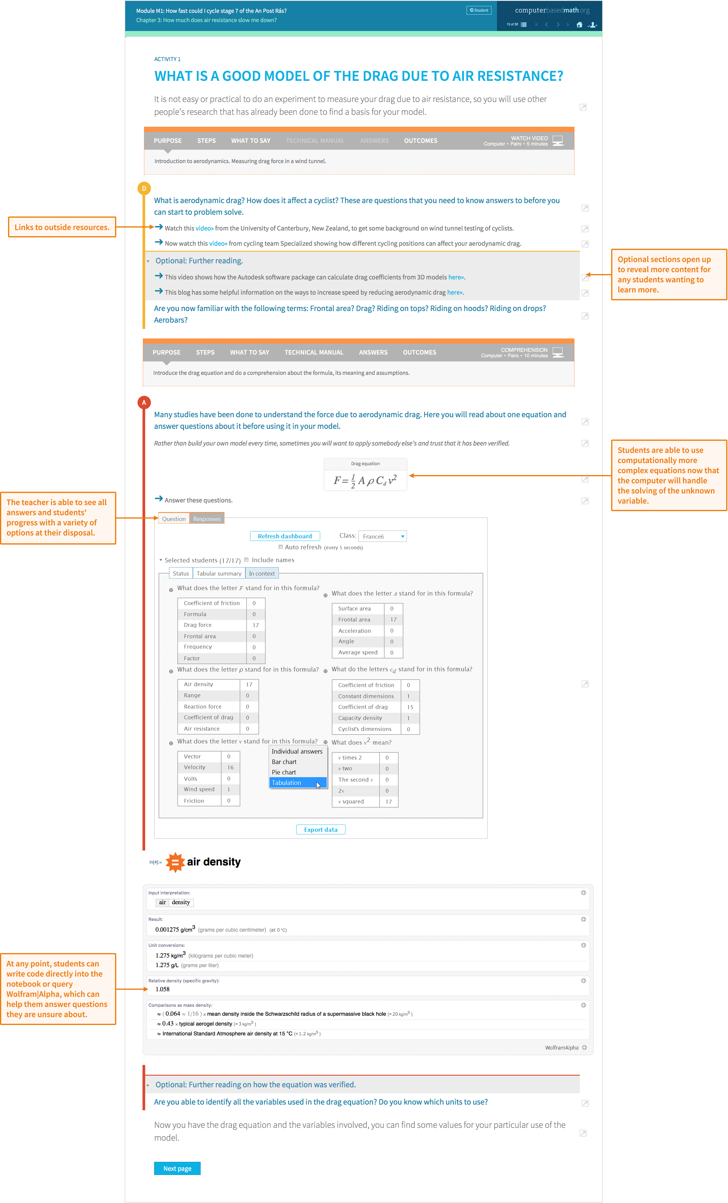 Sample module activity on modelling drag due to air resistance. Teacher view shows available resources, needed formulas or equations. Classroom dashboard shows which students have answered as well as their responses.