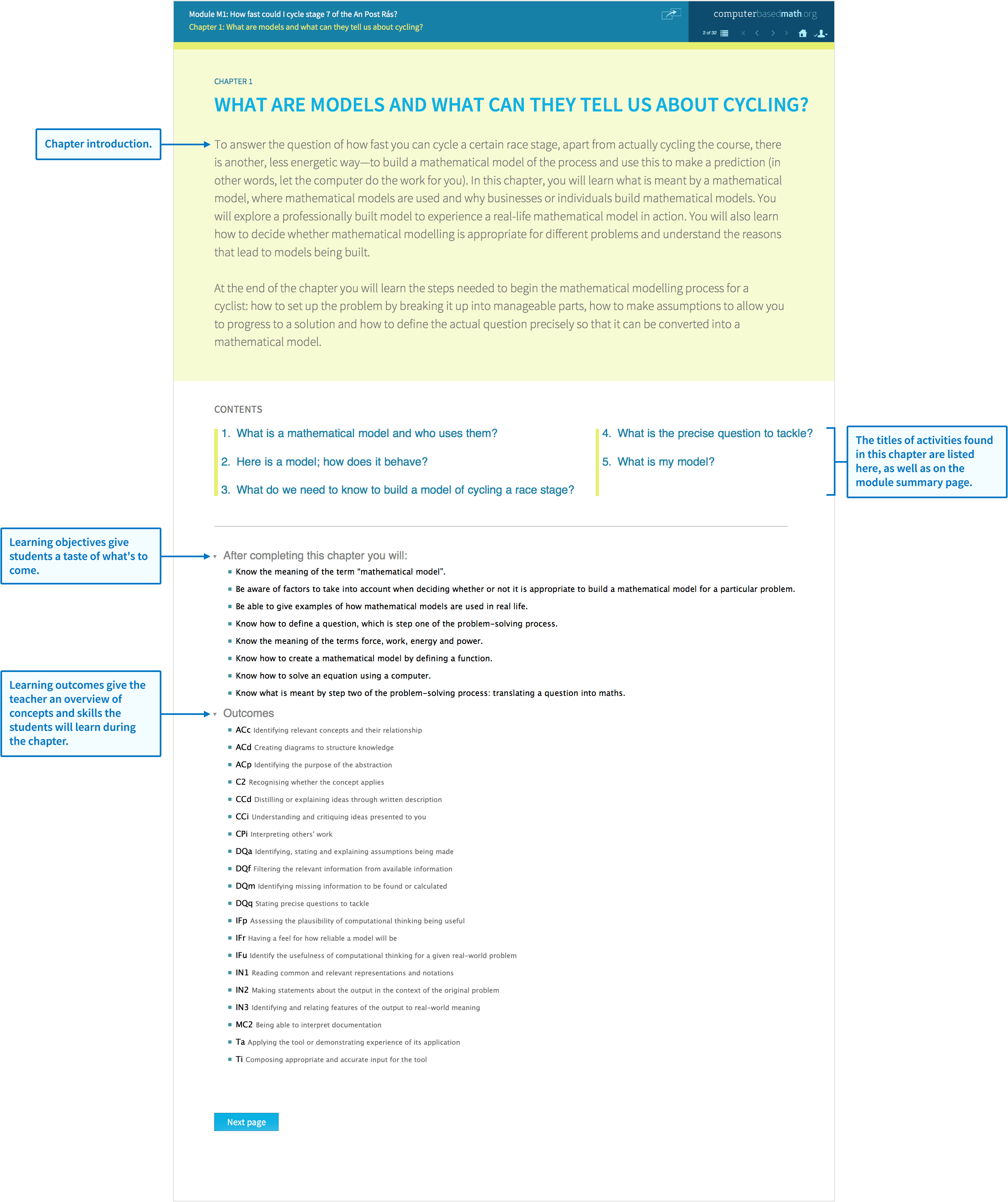 关于自行车比赛中速度建模的示例模块。学生视图显示介绍模块主题、活动、学习目标和成果的文本。