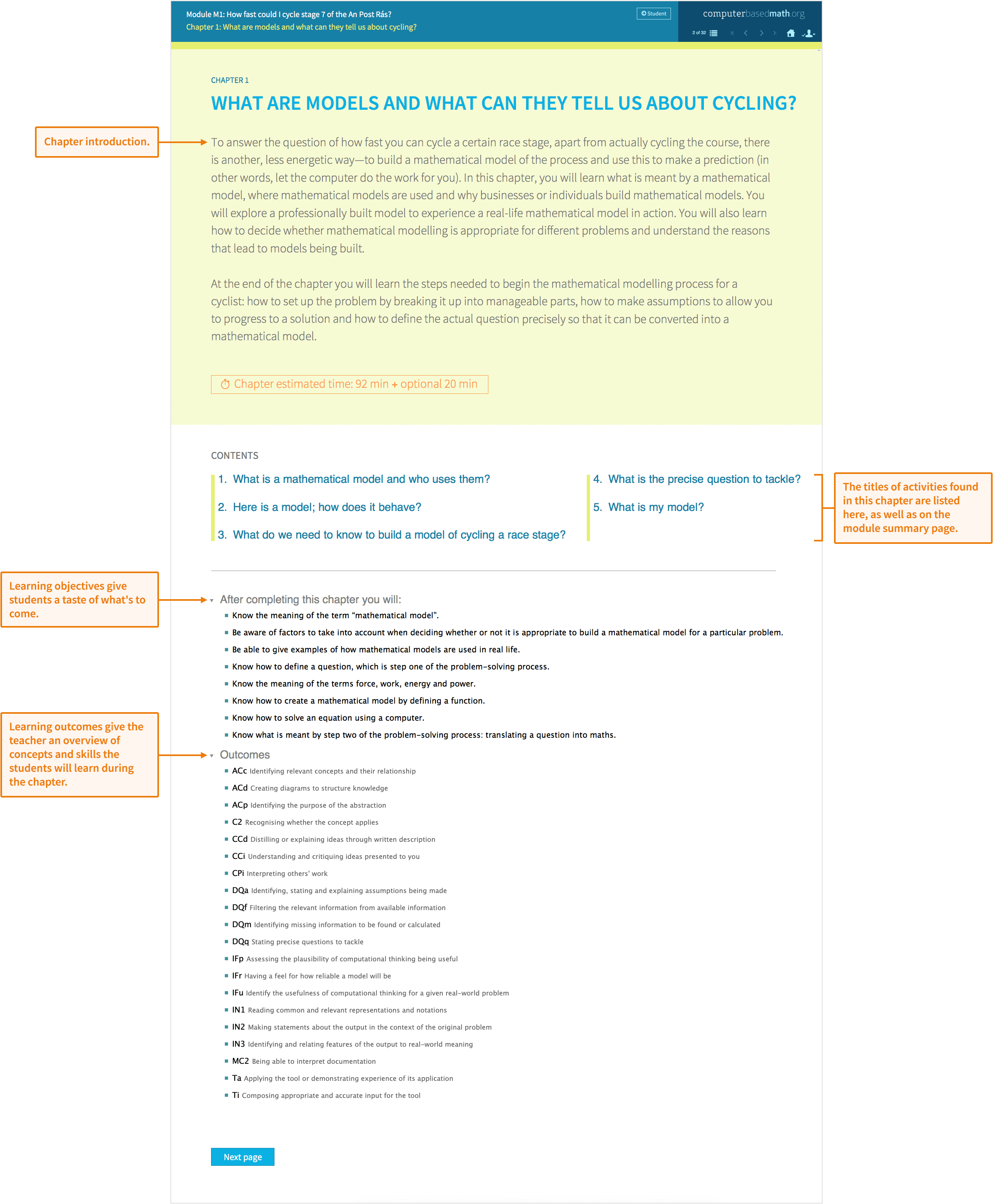 关于自行车比赛中速度建模的示例模块。教师视图显示介绍模块主题、活动、学习目标和结果的文本。