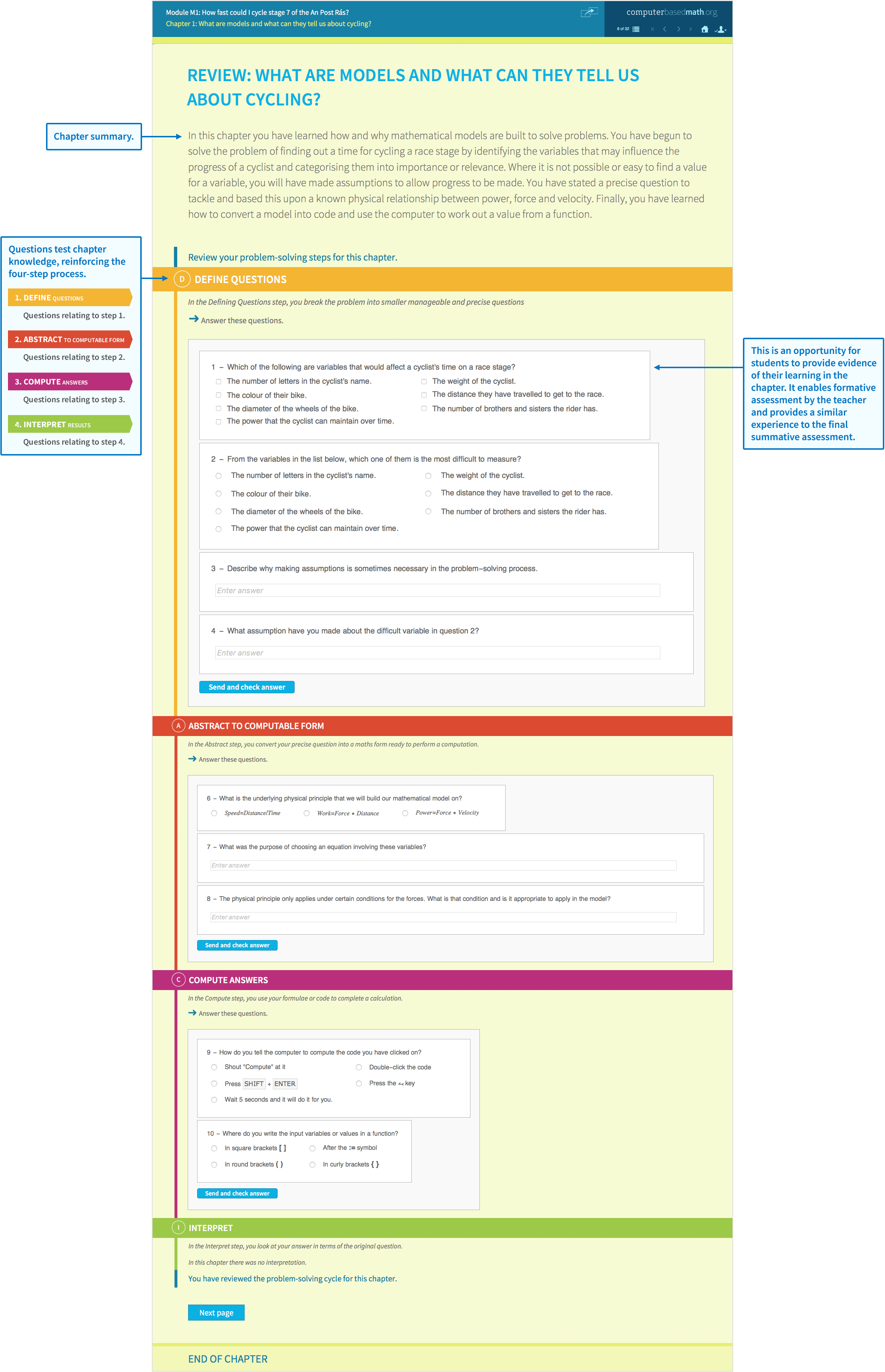 Sample module chapter review about modelling a cycling race. Student view shows a summary of the original activity, questions to reinforce the four-step problem-solving process and a final assessment.