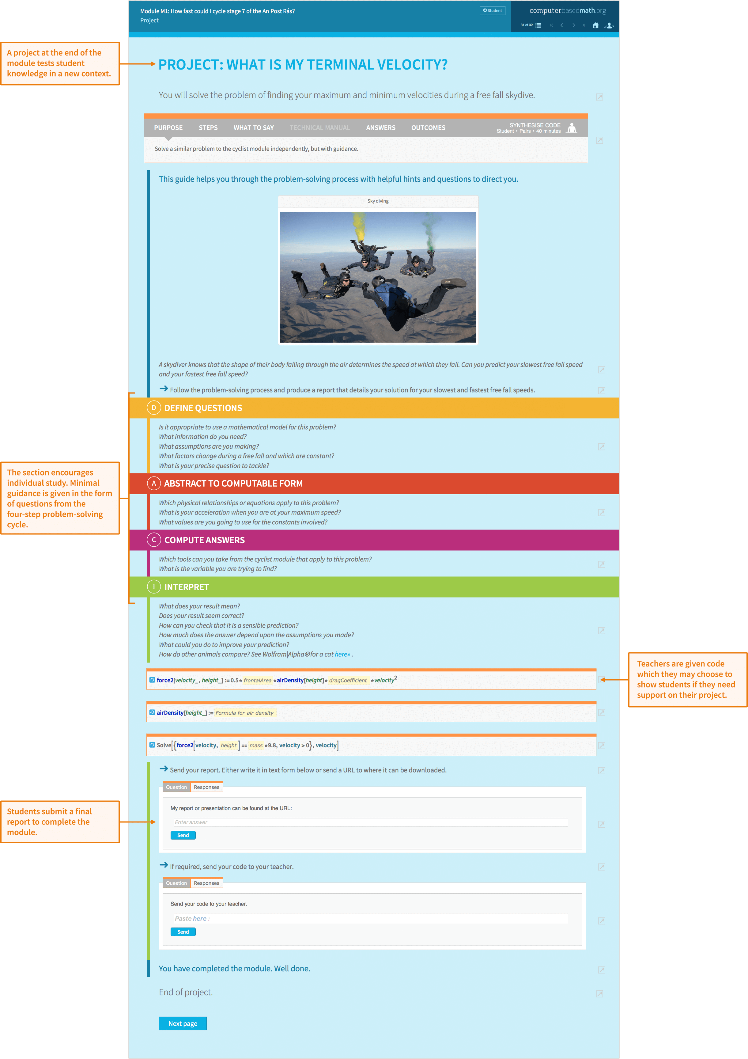 Sample post-activity project about finding terminal velocity. Teacher view shows the new problem to be solved, problem-solving questions, code hints and the student's final report.